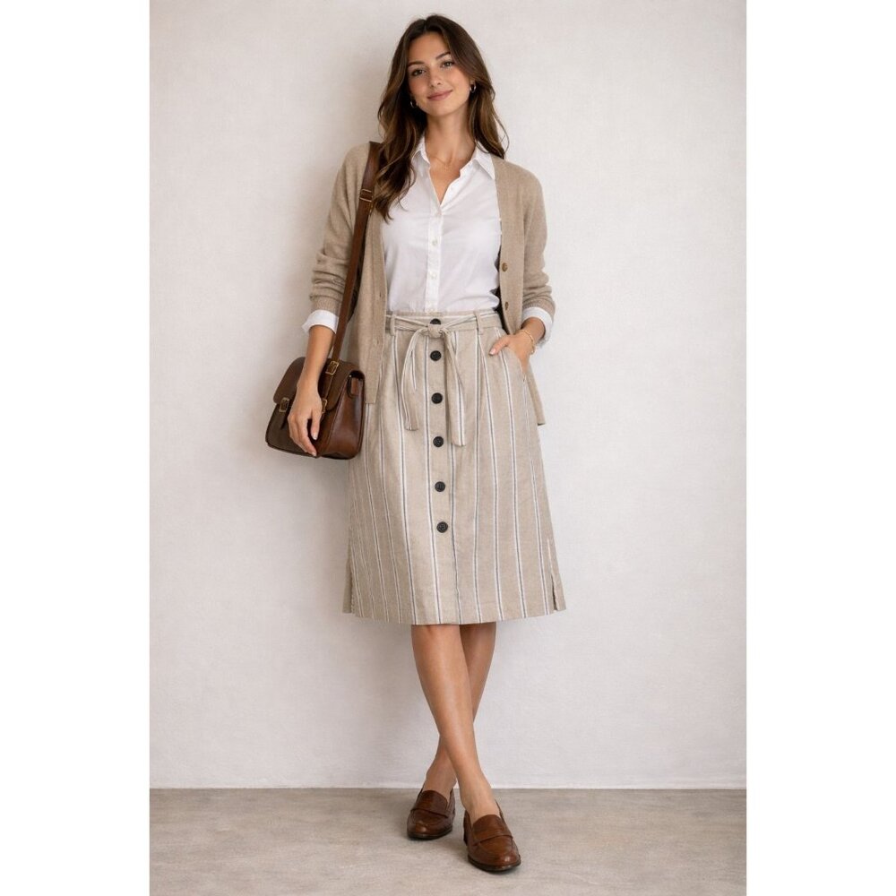 Banana Republic Beige Striped A-Line Button-Front Skirt